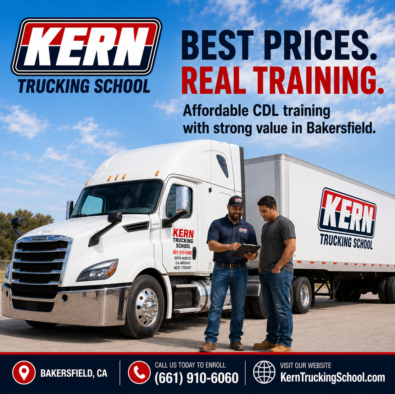 Kern Trucking School — Best prices, real training. Call (661) 910-6060.