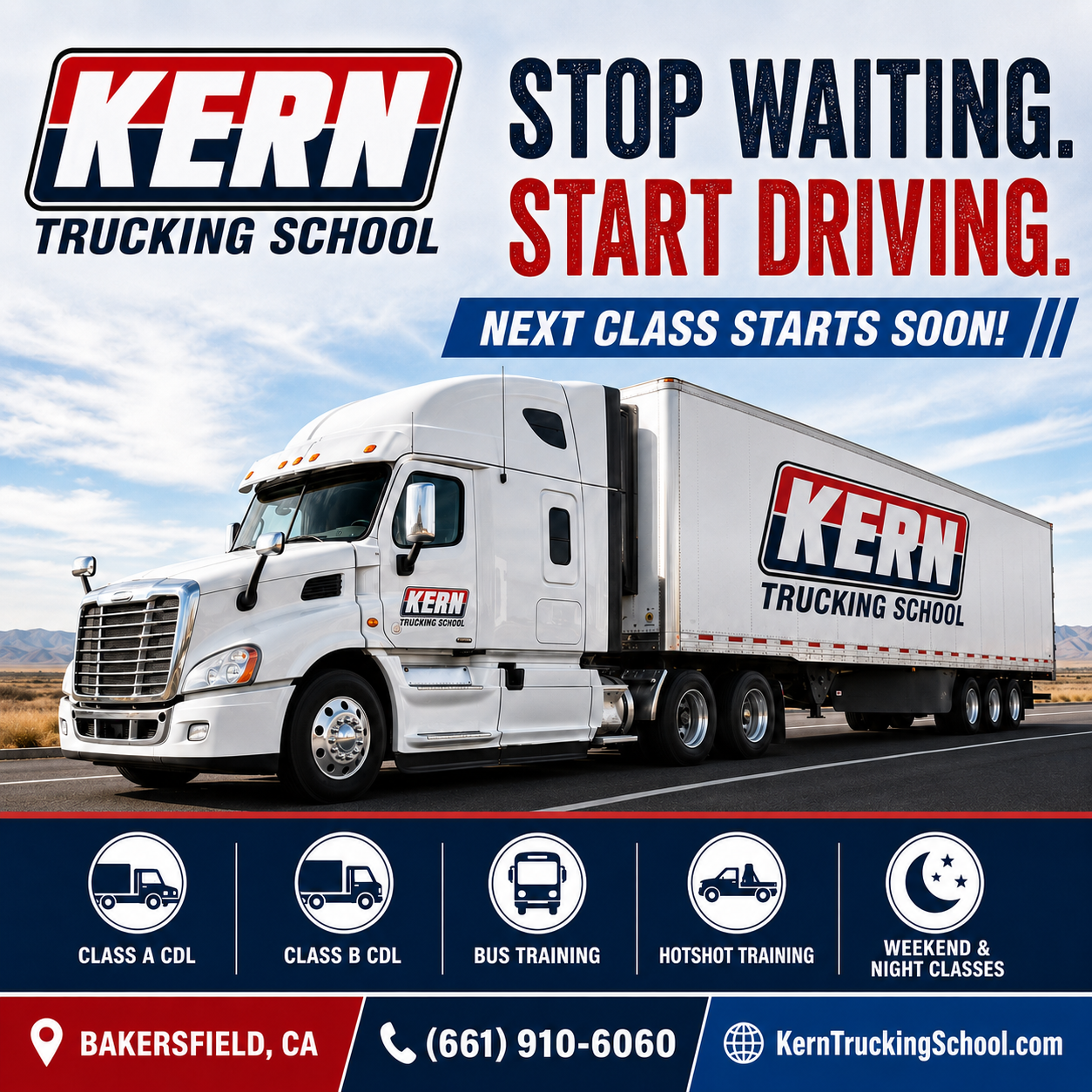 Kern Trucking School — Train today, drive tomorrow. Call (661) 910-6060.