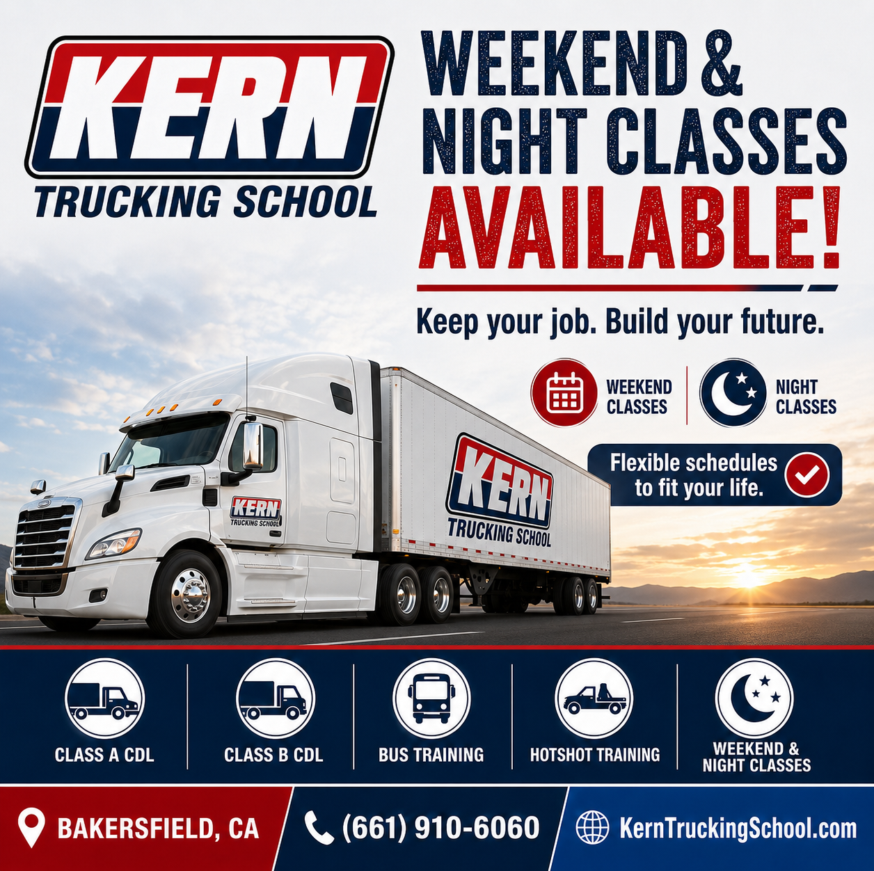 Kern Trucking School — Weekend & Night Classes. Call (661) 910-6060.