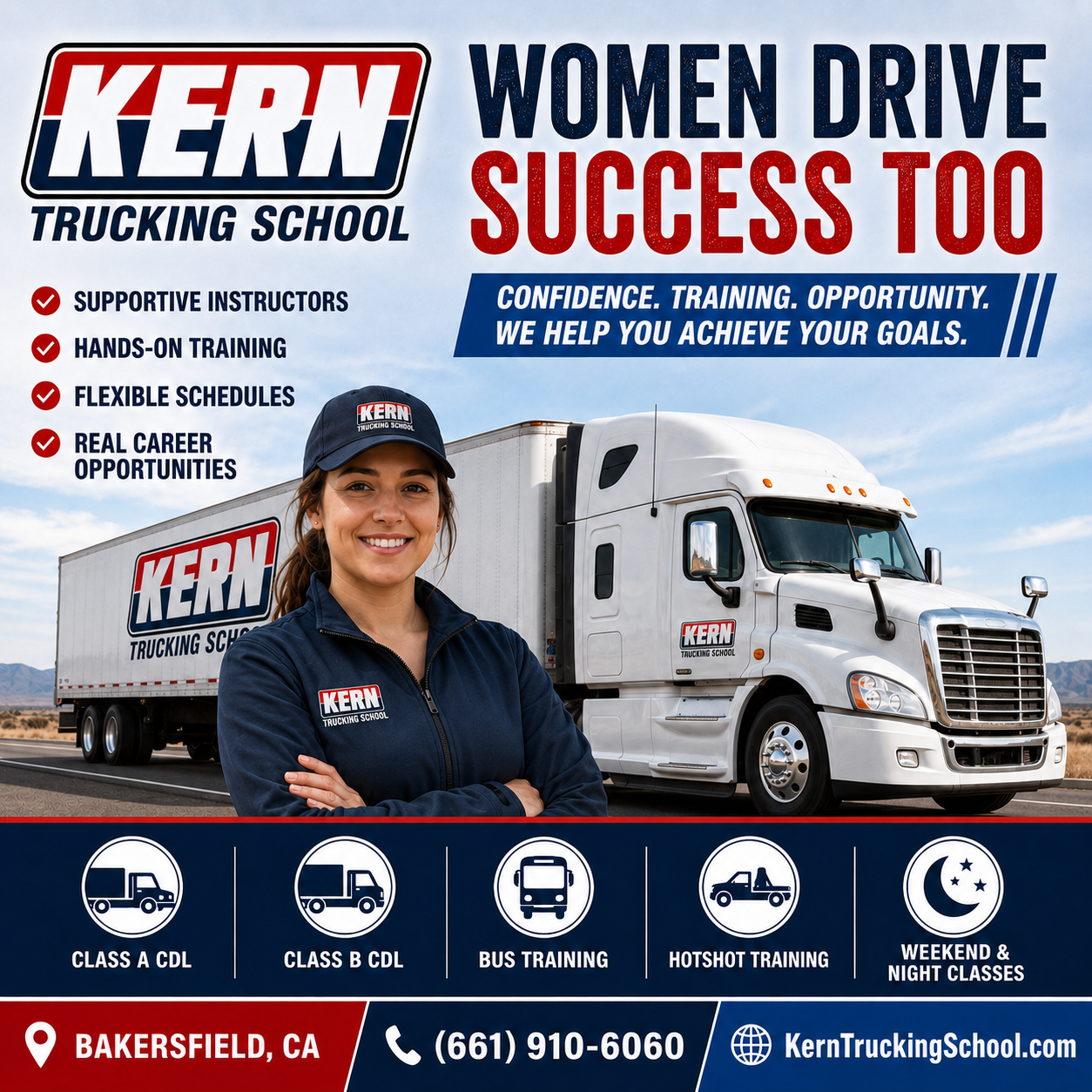 Kern Trucking School — Women drive success too. Call (661) 910-6060.
